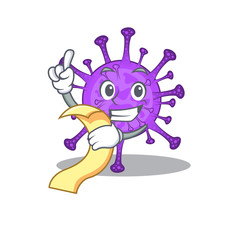 cartoon character of bovine coronavirus holding menu ready to serve