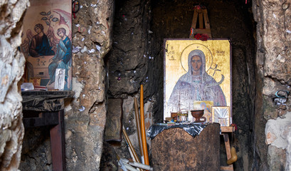 The interior of small catacomb church of Ayia Thekla Chapel (Agia Thekla). Ayia Napa. Cyprus