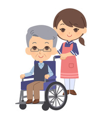 車椅子に乗った老人と介護士