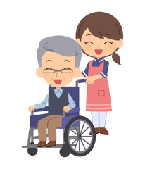 車椅子に乗った老人と介護士