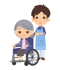 車椅子に乗った老人と介護士