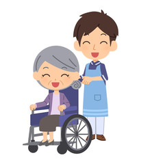 車椅子に乗った老人と介護士