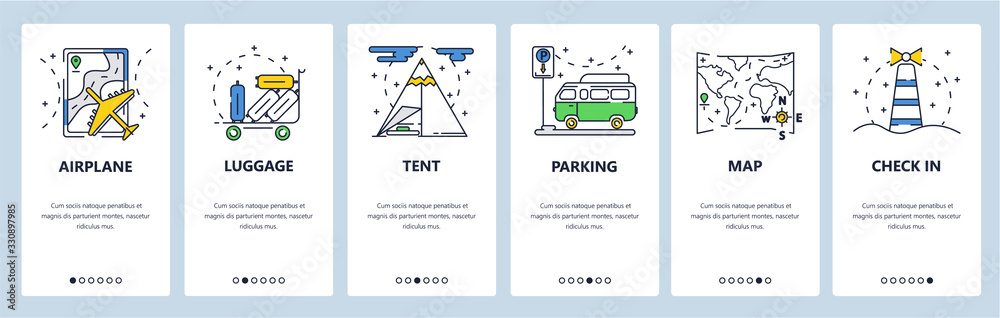 Poster travel website and mobile app onboarding screens vector template