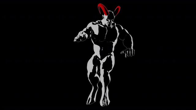 Seamless looping animation muscle powerful Demon, devil, imp character with horns in vanguard style at work, alone, front view. With mask / alpha matte.
