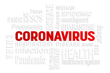 Illustration of a keyword cloud with white and red text - Coronavirus
