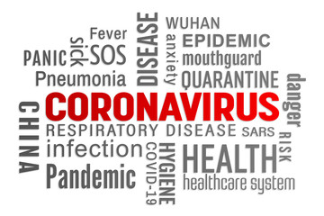 Illustration of a keyword cloud with red and grey text - Coronavirus