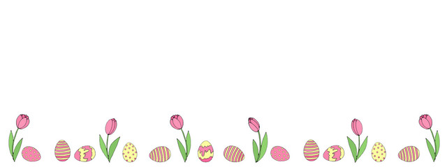 Easter spring background with growing flowers tulips and eggs on the bottom edge