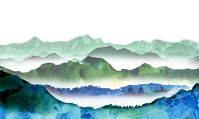 Watercolor landscape with mountains. Beautiful colorful trees against the sky at dawn. For backgrounds and cards