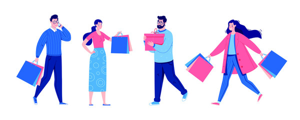 A collection of people shopping at a sale. Men and women with shopping bags.