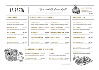 Italian restaurant menu template. Cafe identity. Minimalist style. Engraved illustrations. Pasta, bruschetta, garlic. Vector illustration - obrazy, fototapety, plakaty