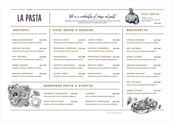 Fotobehang Italian restaurant menu template. Cafe identity. Minimalist style. Engraved illustrations. Pasta, bruschetta, garlic. Vector illustration © Maria