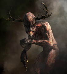 A horrifying monster with pale skin, long claws, sharp teeth, and an elongated head with antlers emerges from the night mists.  Meet the Wendigo.