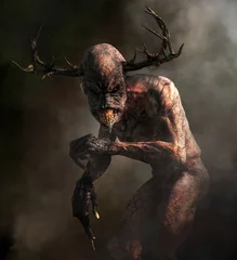 Fotobehang A horrifying monster with pale skin, long claws, sharp teeth, and an elongated head with antlers emerges from the night mists.  Meet the Wendigo. © Daniel Eskridge