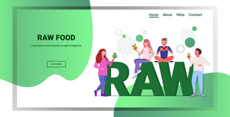 people eating different fresh fruits healthy lifestyle vegan raw food concept full length horizontal copy space vector illustration