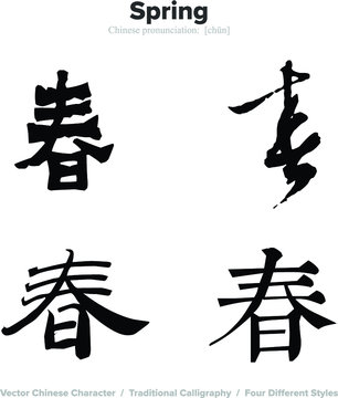 Spring - Chinese Calligraphy with translation, 4 styles