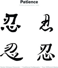 Patience, Ninja - Chinese Calligraphy with translation, 4 styles