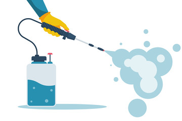 Cleaning and disinfecting coronavirus. Atomizer and sprayer. Man in hazmat suit and gloves. Pandemic risk. Vector illustration flat design. Epidemic spread precautions.