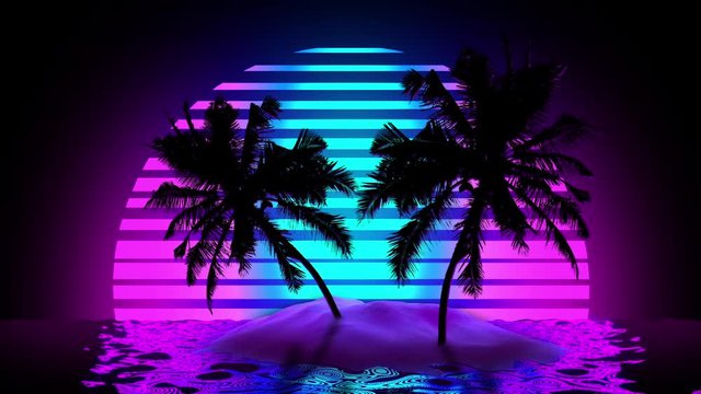 Palms in the beach, 80' vibes, backgorund Loop, 3d render, abstract 