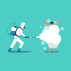 Man in hazmat and protective suit disinfects an infected person from coronavirus 2019-ncov. Vector illustration flat design. Cleansing the body of dirt. Spraying a soapy solution. Shower daily.