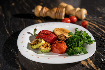 grilled vegetables, zucchini, pepper, tomato, greens