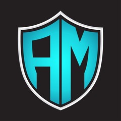 AM Logo monogram with shield shape isolated blue colors on outline design template