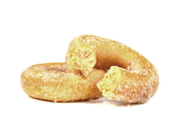 Bitten sugar ring donut isolated on white background