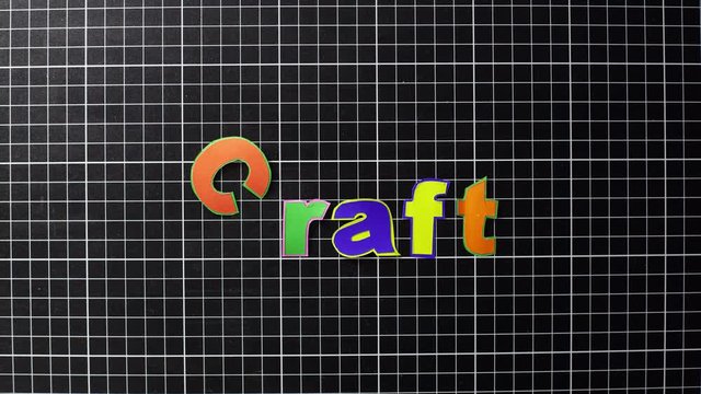 4K Stop motion. Characters made from paper. Placed on a black cutting mat Move the arrangement until get the word Craft