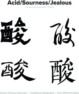acid, sourness, jealous - Chinese Calligraphy with translation, 4 styles