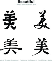 Beautiful, beauty - Chinese Calligraphy with translation, 4 styles