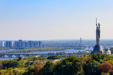 View of Motherland Monument and the Dnieper river in Kiev, Ukraine. Kiev cityscape