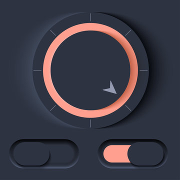 Neumorph UI kit with Volume Knob and switches. Dark set. Workflow Control and navigation elements in Skeuomorph Trend. Design for smart technology applications. Vector illustration.