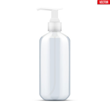 Sanitizer bottle spray with gel. Disinfectant Container with pump dispenser. Safety in an epidemic and pandemic. Vector Illustration isolated on white background.