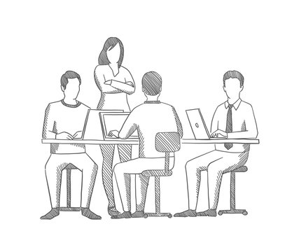 Business team. Office people sketch. Company group. Working at the table. Hatched drawing picture. Gray pencil. Hand drawn vector.