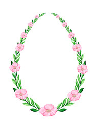 Easter wreath with green leaves in the shape of an egg and pink flowers on a white background. Watercolor composition with space for text for holiday cards and greetings.