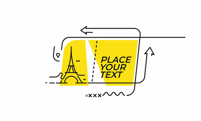 Flat Eiffel Tower with linear promotion ribbon, banner, scroll,  sticker, badge, price tag, poster.