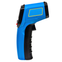 Infrared non-contact laser thermometer for remote temperature measurement in case of illness or virus from blue plastic. Side view isolated on white background © Павел Круглов