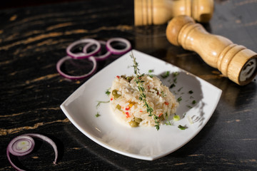 rice with vegetables garnish for hot restaurant serving
