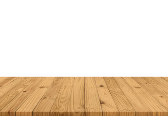 Empty brown old plank wooden board mock up display shelf with isolated white copy space and...