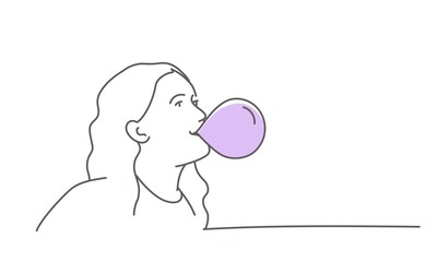 Line drawing of girl with bubble gum. Vector.