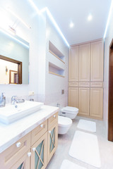 bathroom with elegant rectangular washbasin, toilet and shower. Mirror with light on top. The white tile.