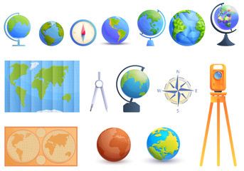 Cartographer icons set. Cartoon set of cartographer vector icons for web design