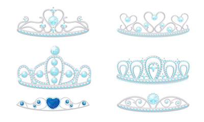 Gleamy Princess Crowns or Diadems with Precious Stones Vector Set © Happypictures