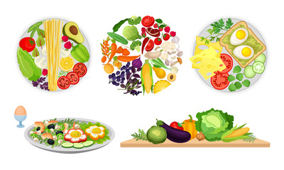 Healthy Food Arranged in Circle and Greengroceries Rested on Cutting Board Vector Set