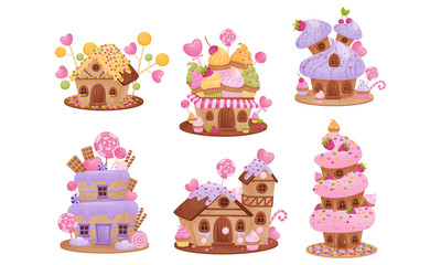Sweet Gingerbread Houses with Creamy and Candy Toppings Vector Set