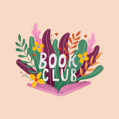Hand drawn lettering Book club inscription for invitation and greeting card, promo , prints, flyer, cover, and posters. Vector vintage illustration with floral leaves