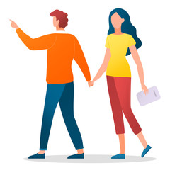 Man leading woman and pointing in direction. Crowdfunding and referring friend, isolated characters. Manager and boss with document paper. Teamwork of people personages, vector in flat style