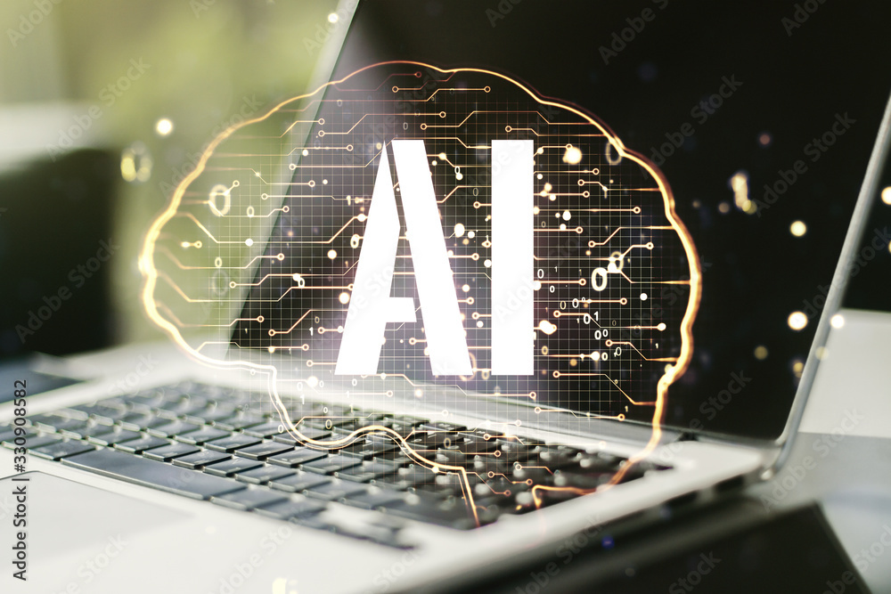 Poster Creative artificial Intelligence concept with human brain sketch on modern computer background. Double exposure