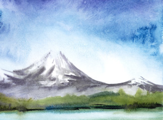 Fototapeta premium Watercolor summer landscape of mountains with snowy peaks, blurred forest and light blue lake at foot. Peaceful, serene background of delicate blue sky with soft white clouds. Hand drawn illustration