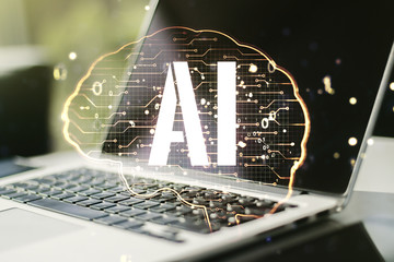 Creative artificial Intelligence concept with human brain sketch on modern computer background....