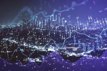 Financial graph on night city scape with tall buildings background multi exposure. Analysis concept.